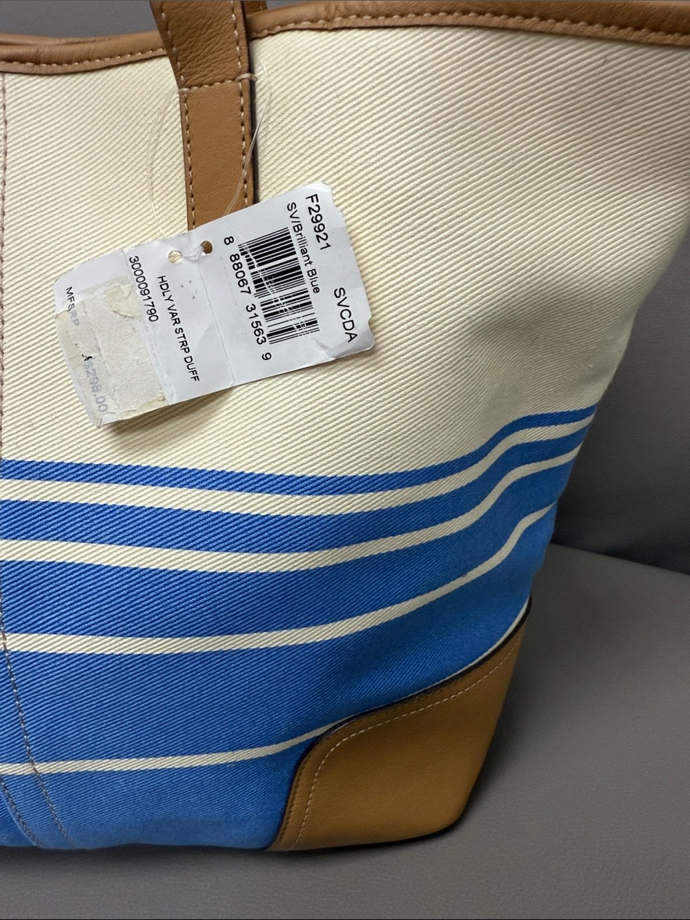 Coach Hadley Blue & Cream Striped Canvas Tote/Duffle with Tan Leather Trim - Picture 3 of 11